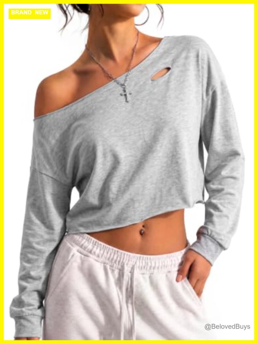 Ripped Off Shoulder Crop Top Long Sleeve Punk Rock T-Shirt